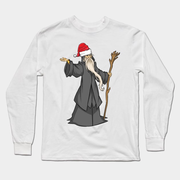 Funny Christmas Holiday Santa Hat-Wearing Magical Wizard Long Sleeve T-Shirt by Contentarama